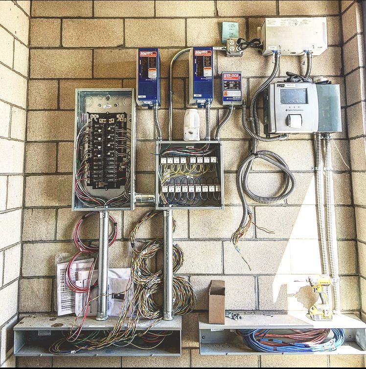 Commercial equipment room with electrical panels and controllers