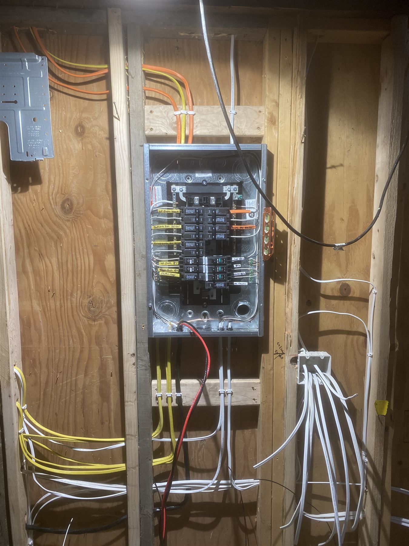Residential electrical panel installed mid-construction with labeled circuits